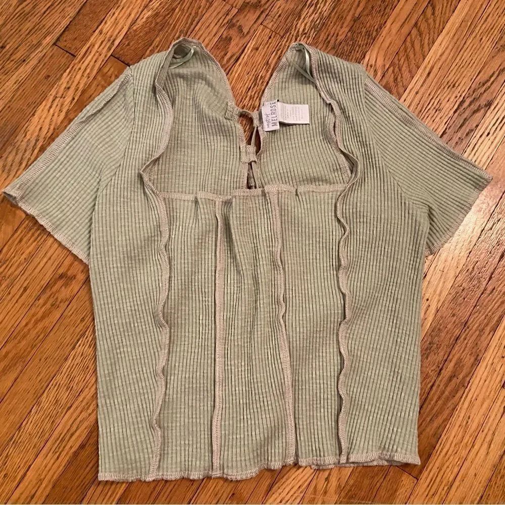 West of Melrose mint green ribbed short sleeve lace up back top